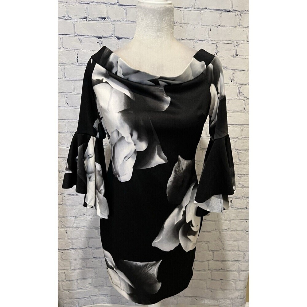 Venus Floral Bell-sleeve Off-shoulder Scuba Bodycon Dress Medium